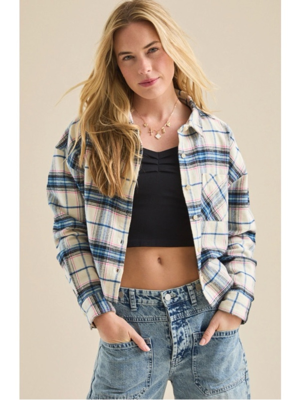 Altar'd State Oakley Plaid Flannel Button Up Cropped Shirt 100% Cotton Sz Medium